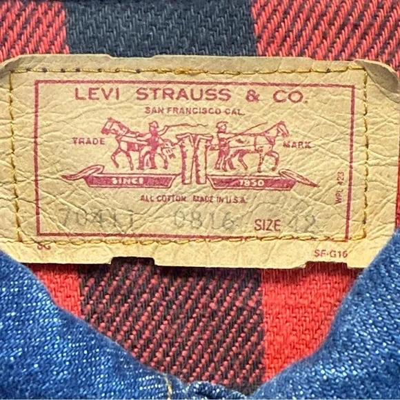 Levi's Vintage Red and Black Buffalo Plaid Trucker Denim Jacket. Size 42